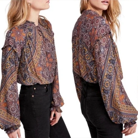 Free People Little Runaway Peasant Boho Blouse Medium - Picture 2 of 6